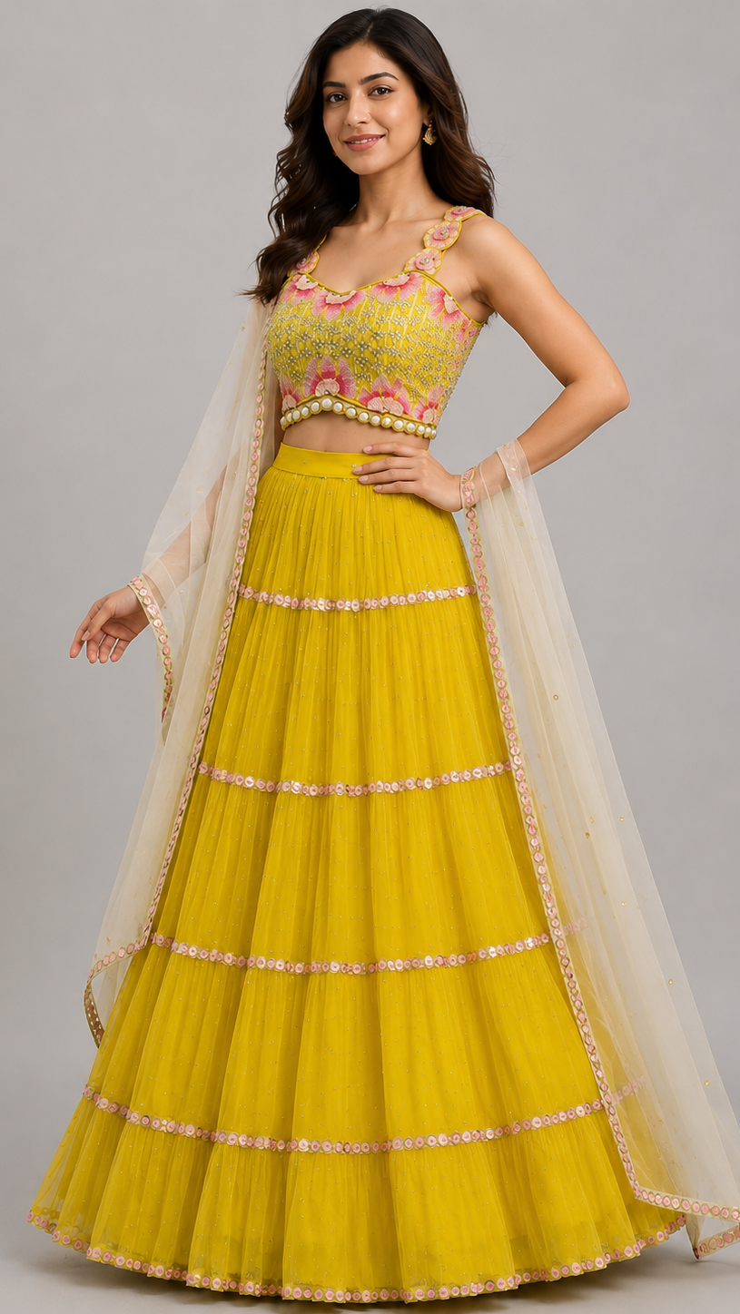 Radiant Sunshine Yellow Georgette Lehenga Set with Floral Embroidery