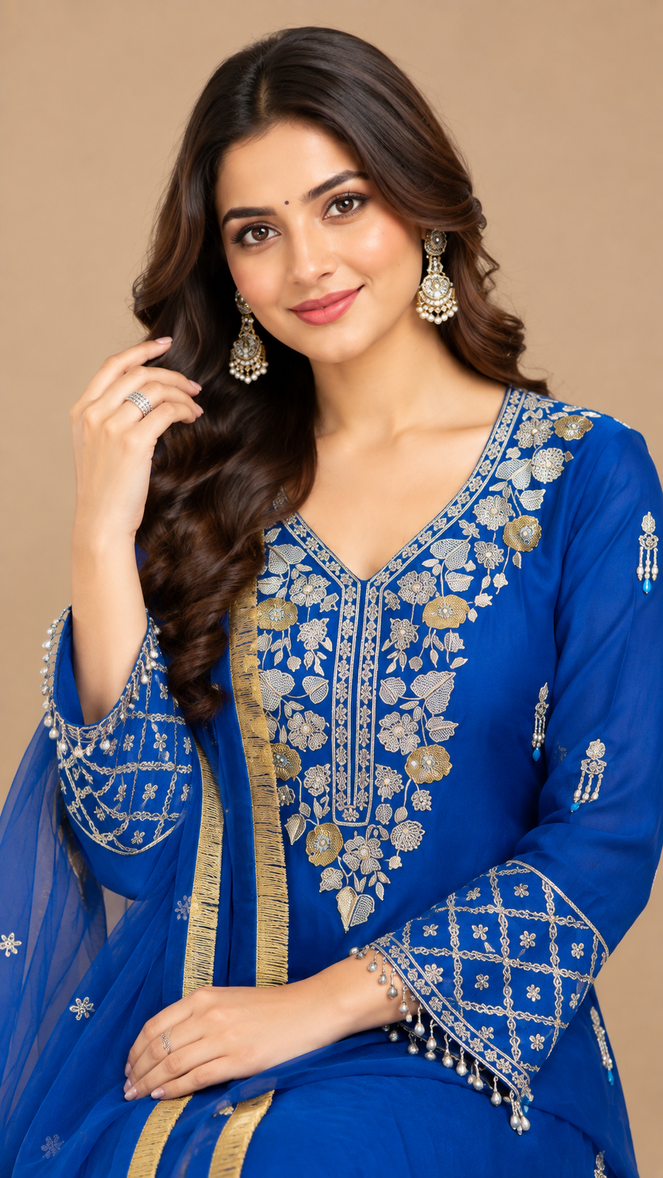 Royal Blue Silk Embroidered Sharara Set with Dupatta