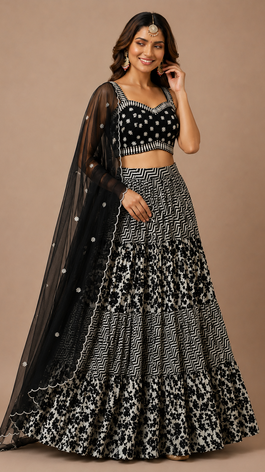 Monochrome Elegance: Black & White Tiered Georgette Lehenga Set