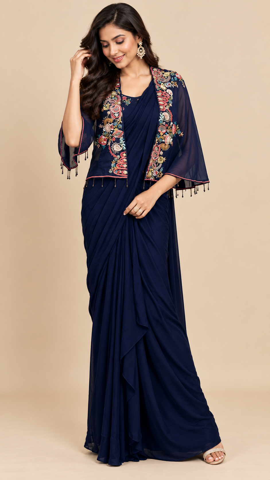 Ready To Wear Saree Navy-Blue In Colour