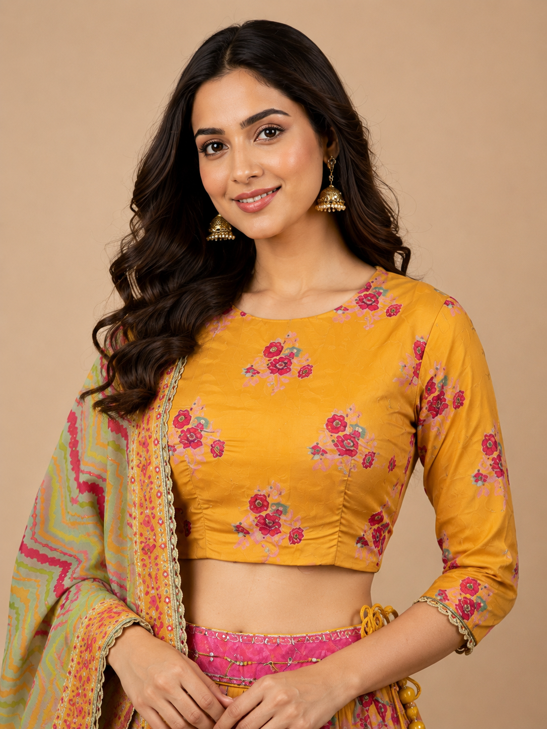 Mustard Yellow Printed Silk-Blend Lehenga