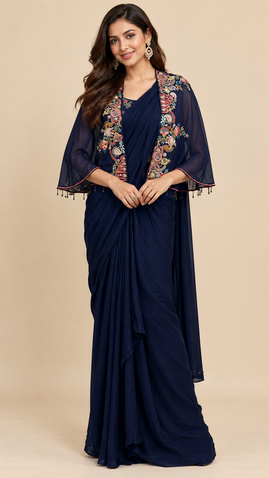 Ready To Wear Saree Navy-Blue In Colour