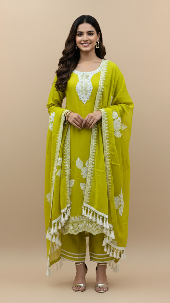Organza Lime Green Traditional Indian Kurta Set