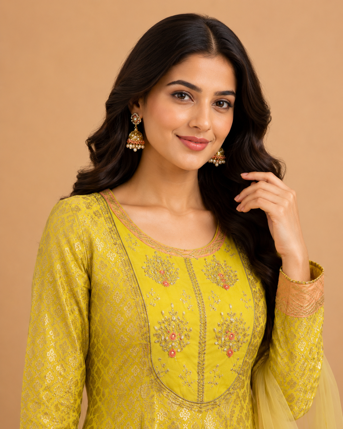 Lime Green Woven Silk Anarkali with Peach Contrast