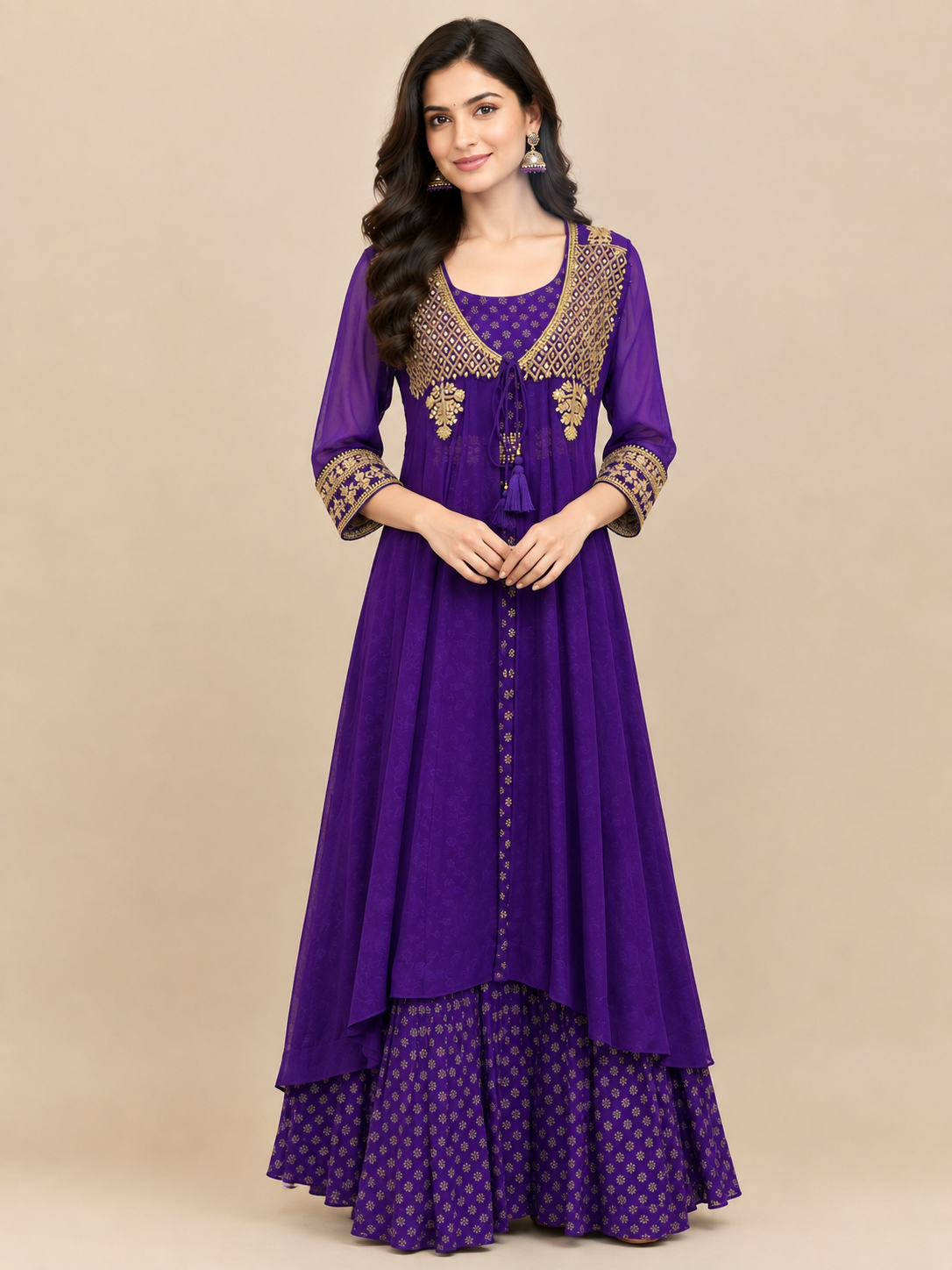 Royal Purple Georgette Embroidered Ethnic Dress Set with Dupatta