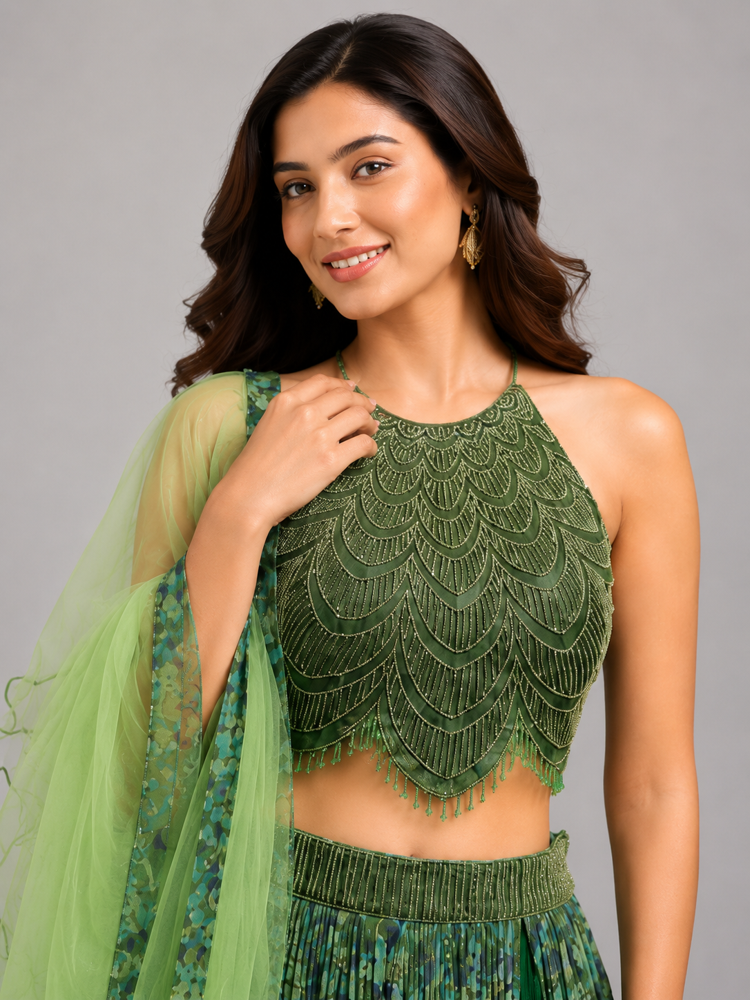 Olive & Emerald Green Pleated Lehenga with Scalloped Halter Blouse
