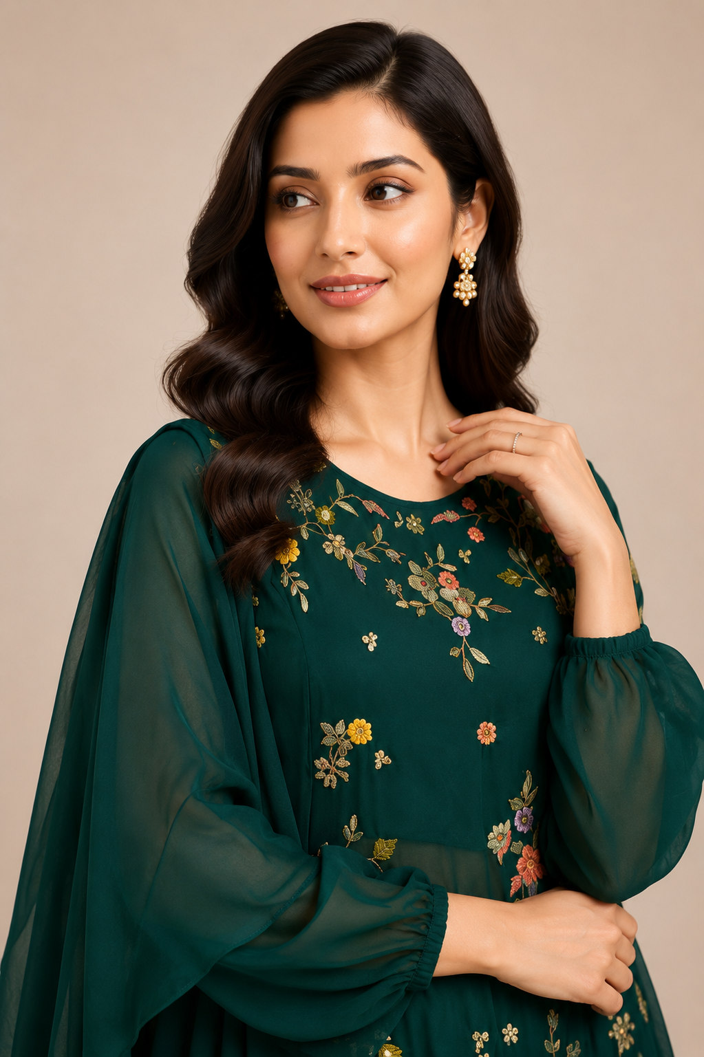 Deep Green Floral Embroidered Kurta with Ruffled Dupatta
