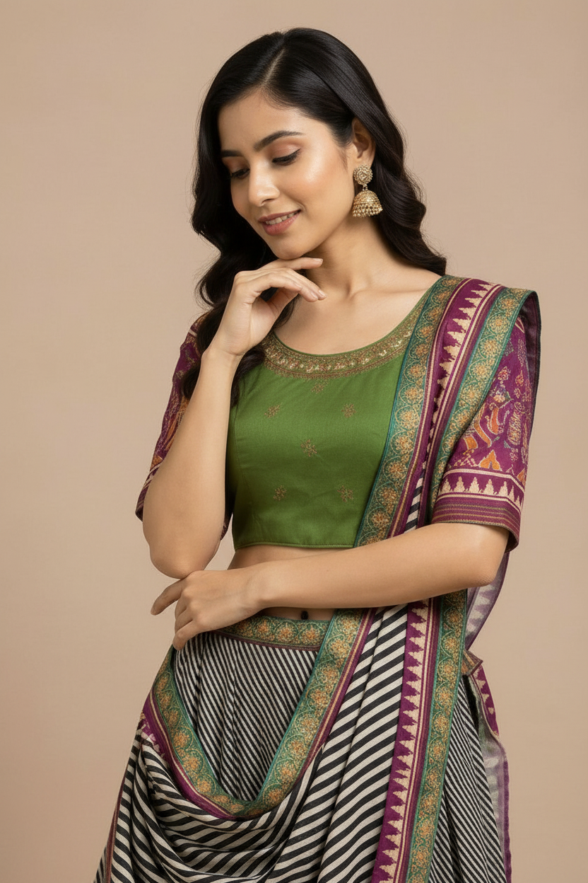 Monochrome Leheriya & Plum Patola-Inspired Lehenga Set