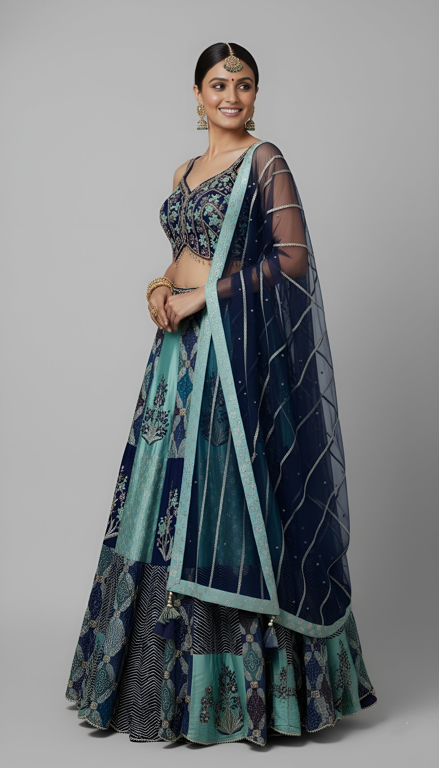 Multi-Colour Floral Lehenga Set with Hand Embroidery