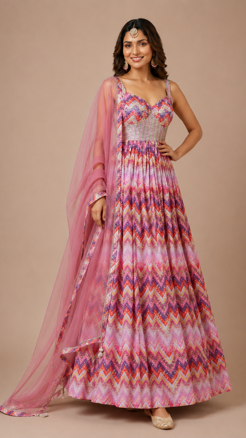 Vibrant Chevron Print Georgette Anarkali Set