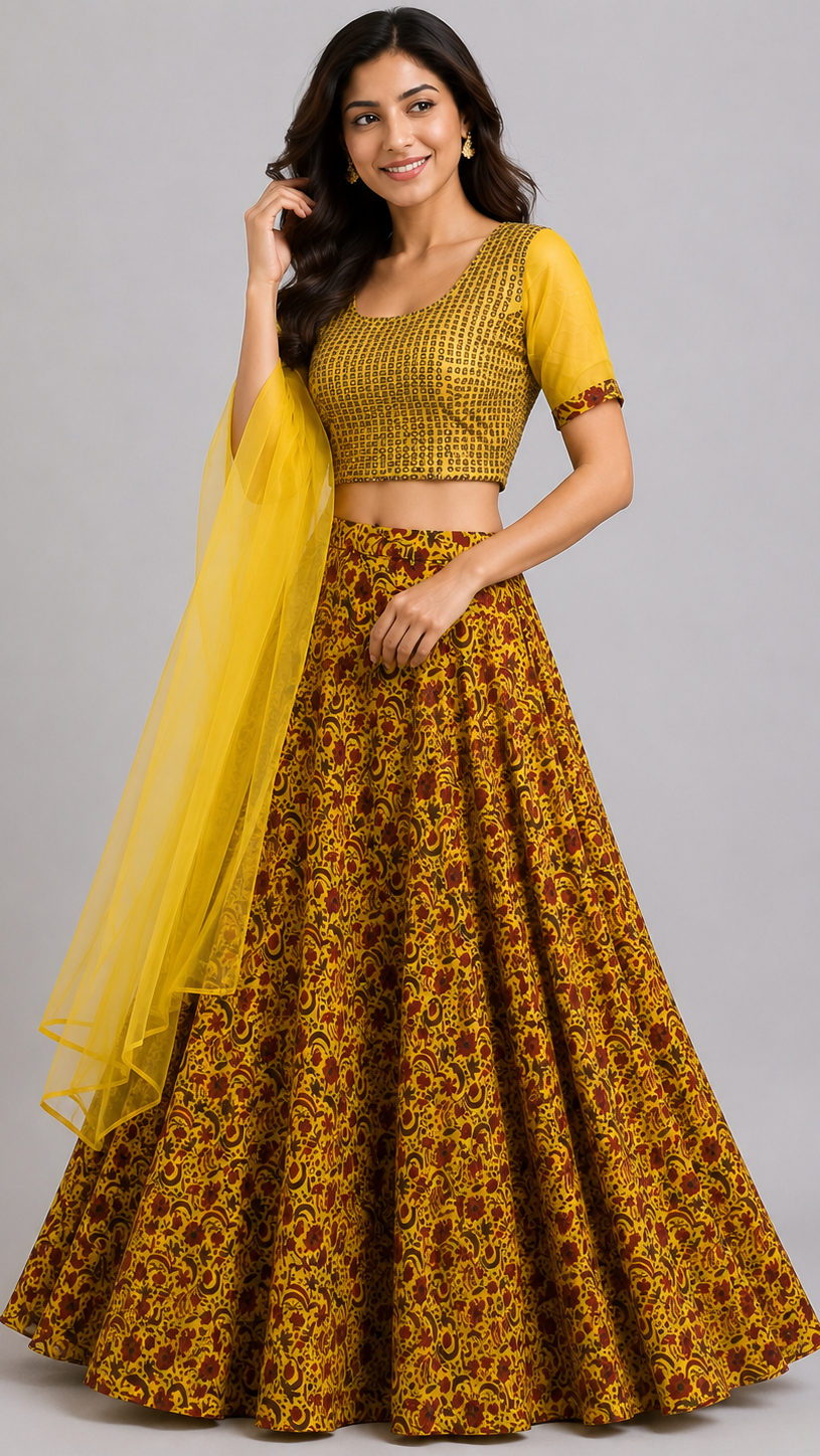 Vibrant Mustard Yellow Silk Printed Lehenga Set