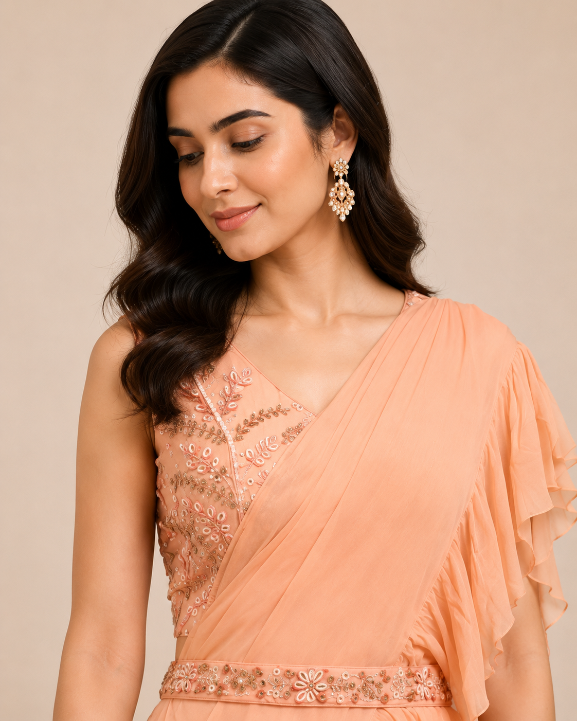 Pastel Peach Ready-to-Wear Saree Gown with Embroidered Belt