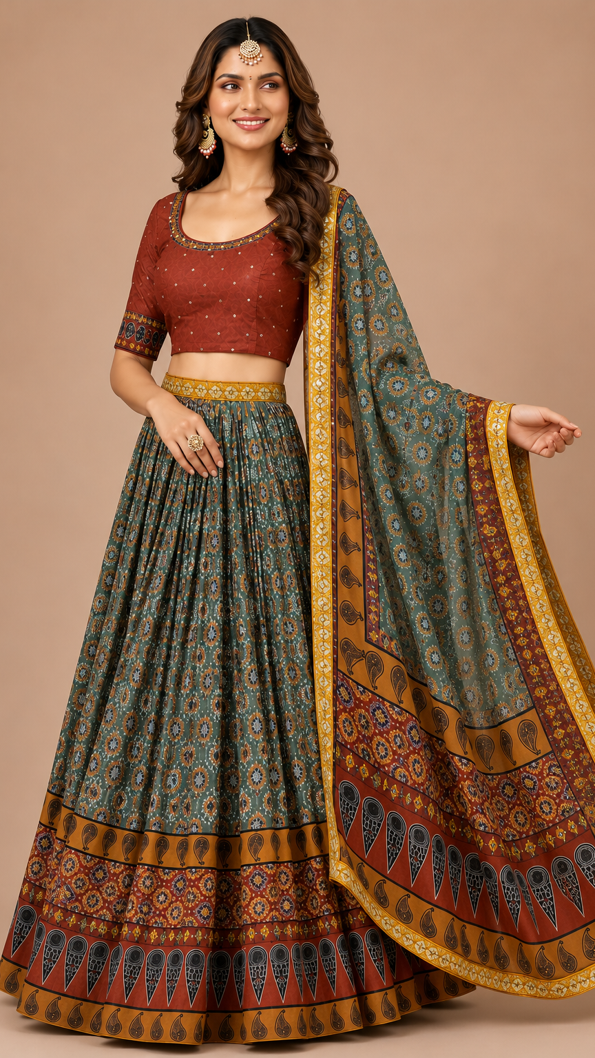 Heritage Charm Printed Silk Lehenga Set in Teal & Rust