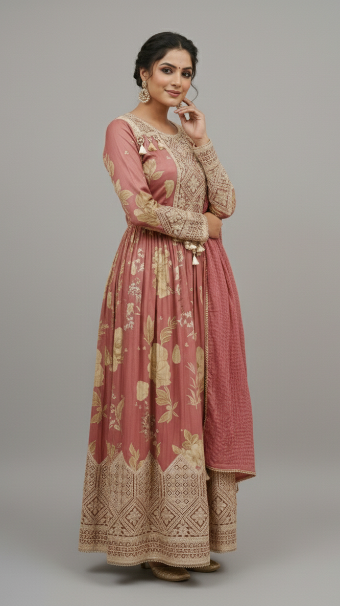 Tissue Anarkali Suit Set Onion-Pink In Colour