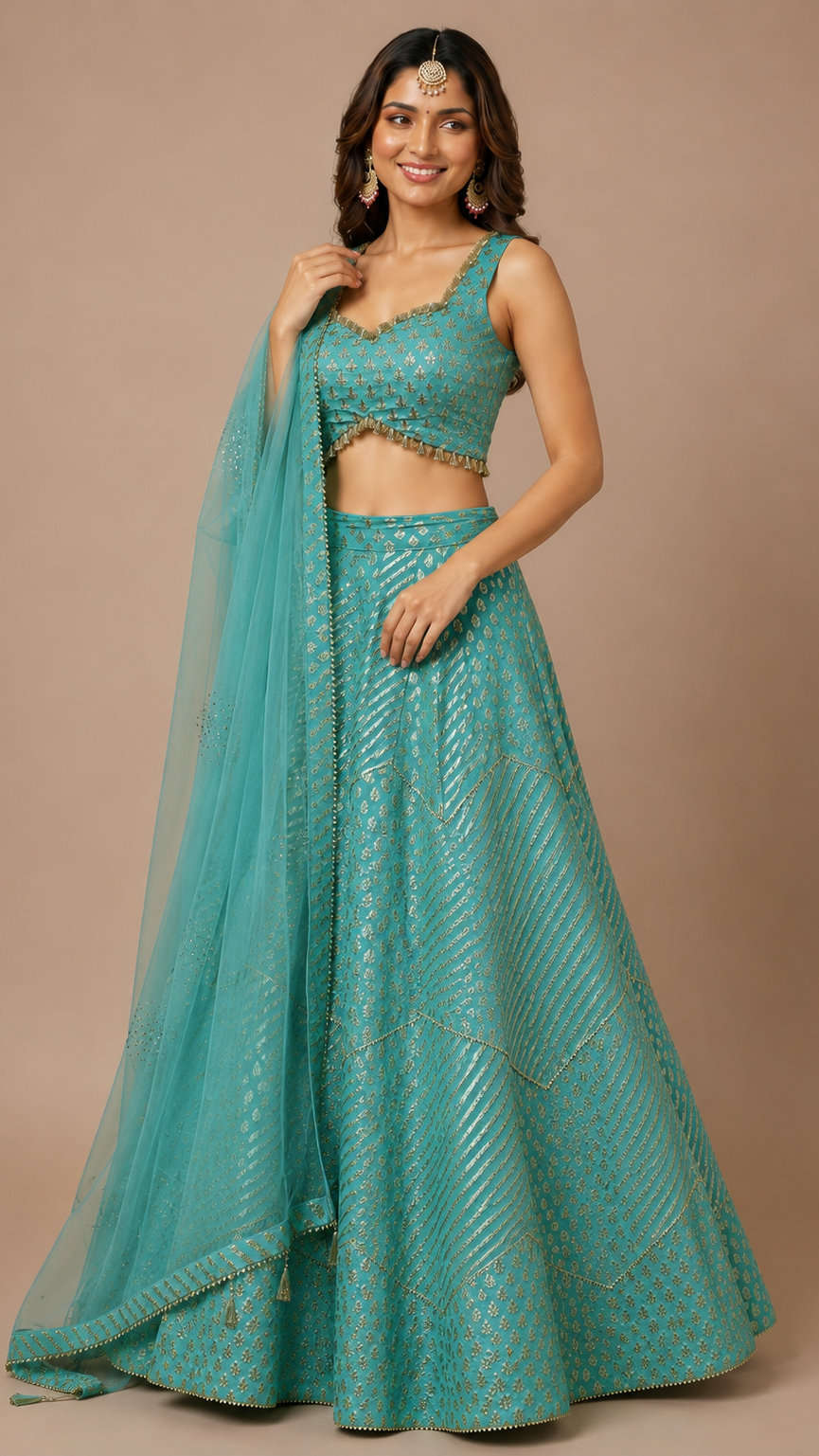 Enchanting Teal Brocade Raw-Silk Lehenga Set
