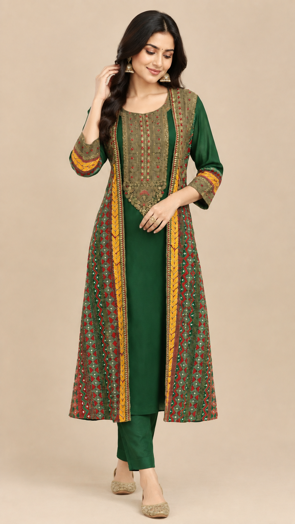 Emerald Green Georgette Embroidered Jacket-Style Kurta Set