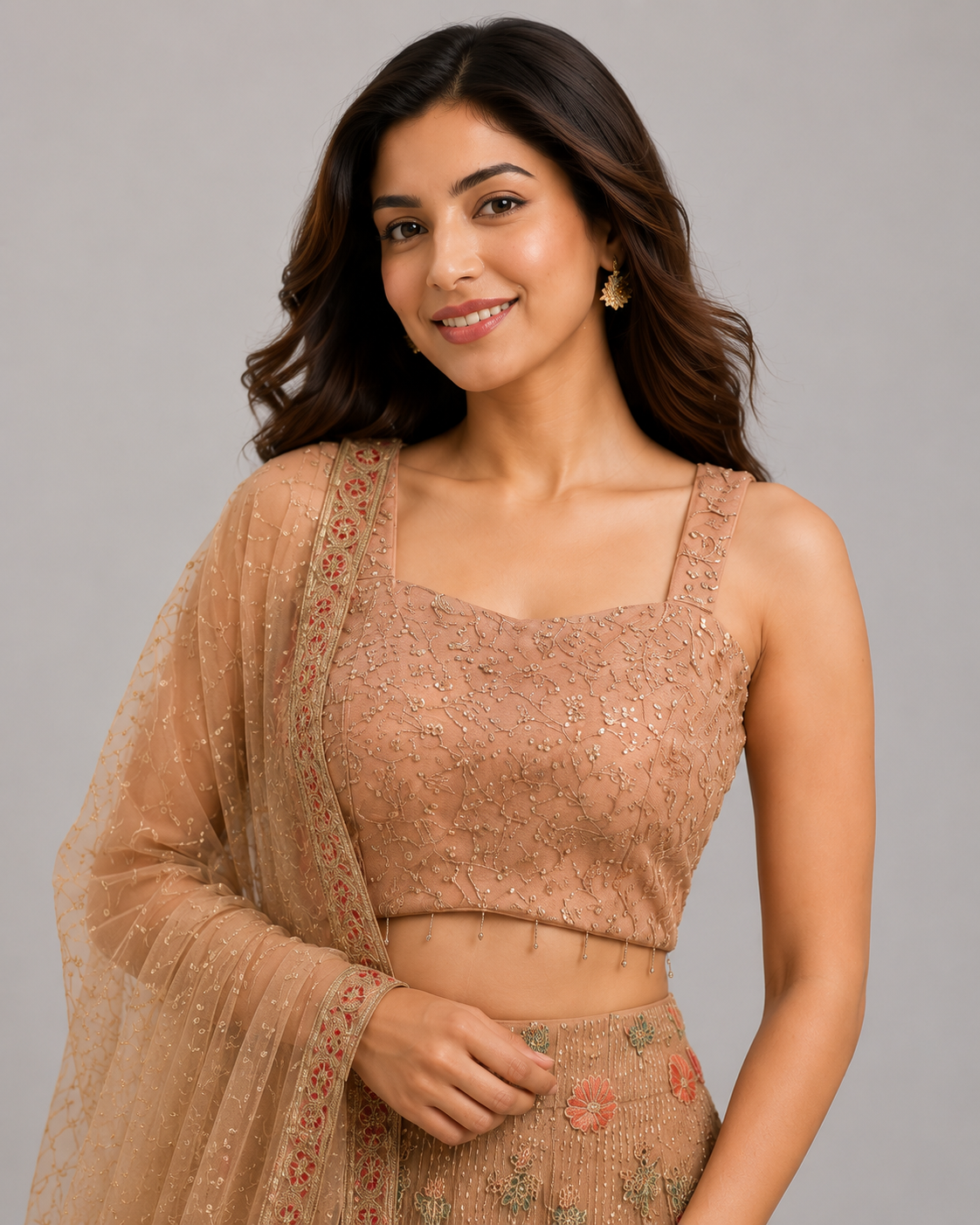 Beige Net Lehenga Choli with Red Floral & Peacock Motifs