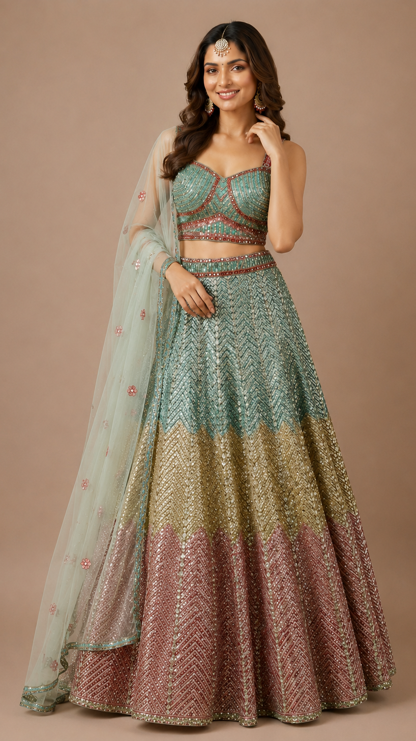 Multicolor Chevron Sequined Silk Lehenga Set