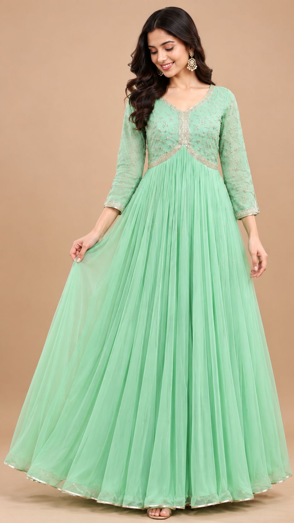 Mint Green Embroidered Georgette Flared Anarkali Gown with Dupatta