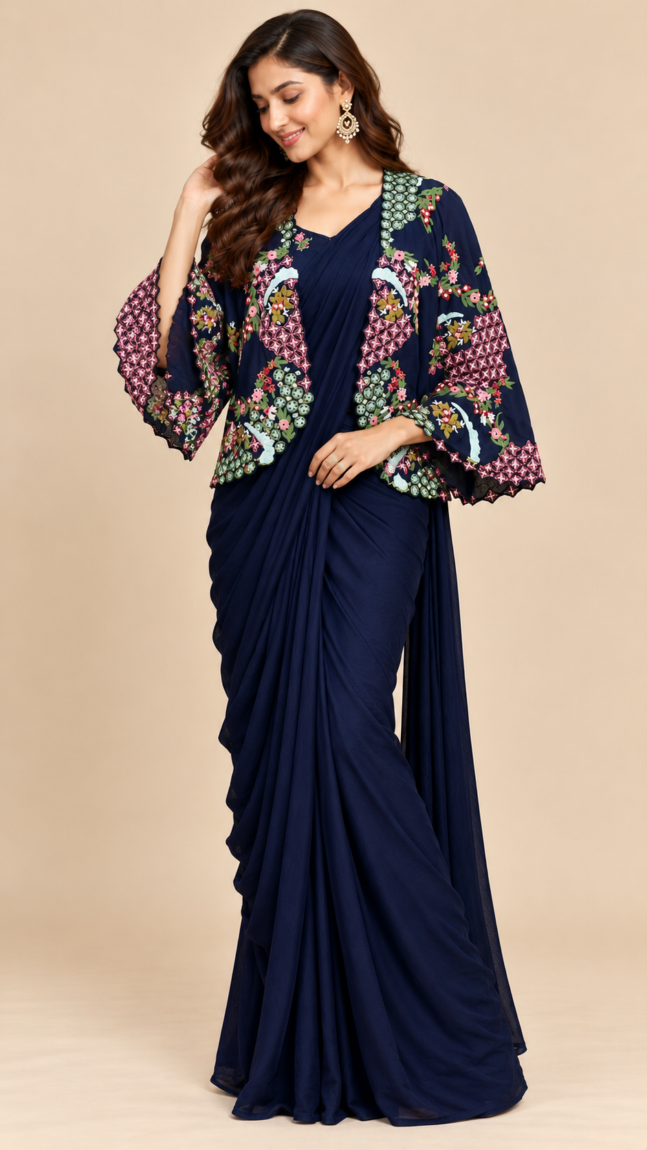 Ready To Wear Saree Navy-Blue In Colour
