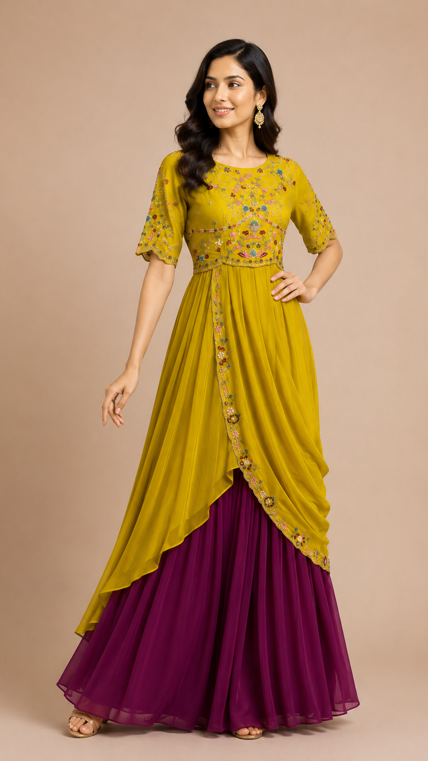 Mustard & Plum Asymmetrical Floral Fusion Set