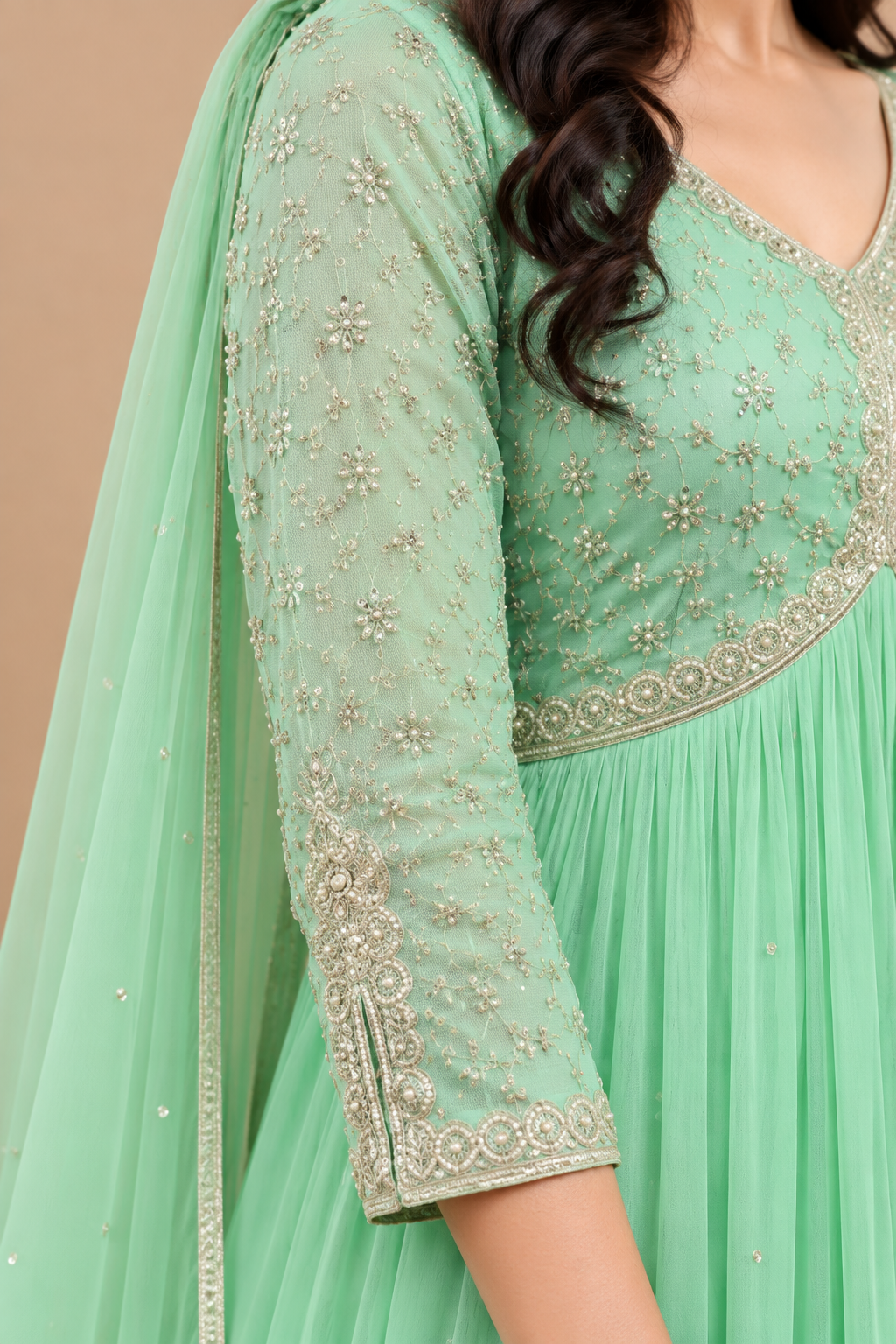 Mint Green Embroidered Georgette Flared Anarkali Gown with Dupatta