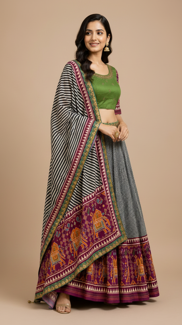 Monochrome Leheriya & Plum Patola-Inspired Lehenga Set