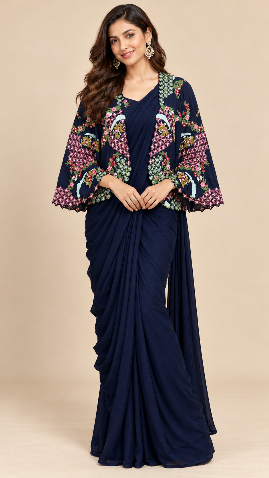 Ready To Wear Saree Navy-Blue In Colour