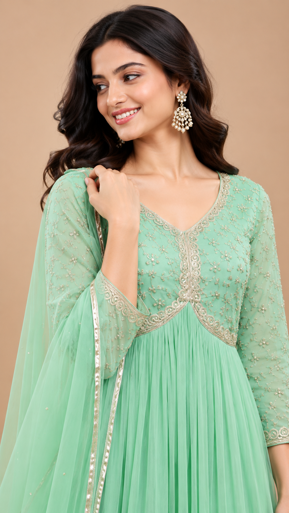 Mint Green Embroidered Georgette Flared Anarkali Gown with Dupatta