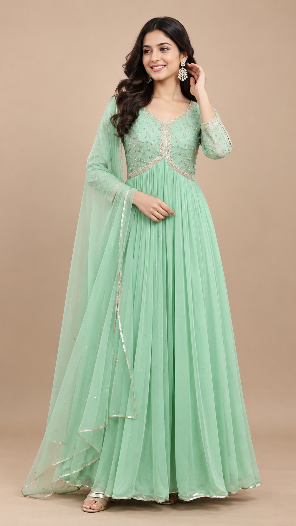Mint Green Embroidered Georgette Flared Anarkali Gown with Dupatta