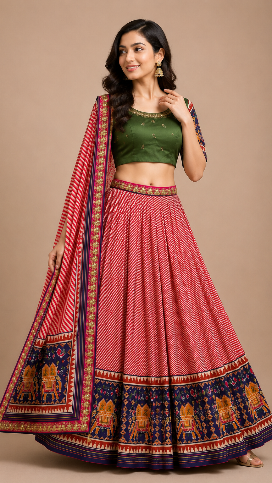 Red & Green Leheriya Silk Lehenga Set with Patola Motifs