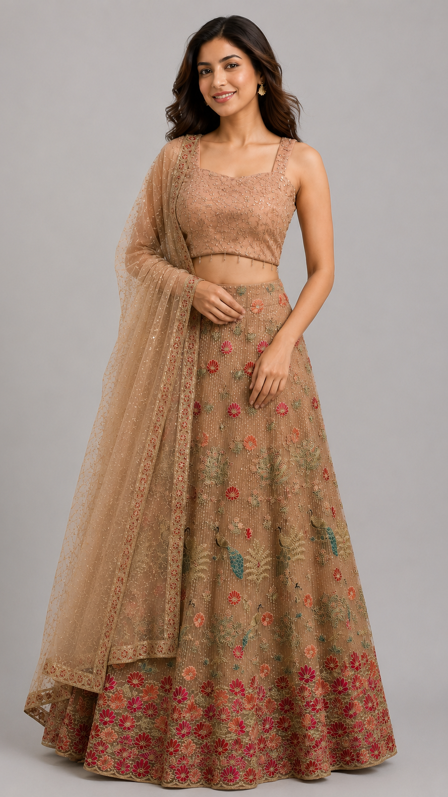 Beige Net Lehenga Choli with Red Floral & Peacock Motifs