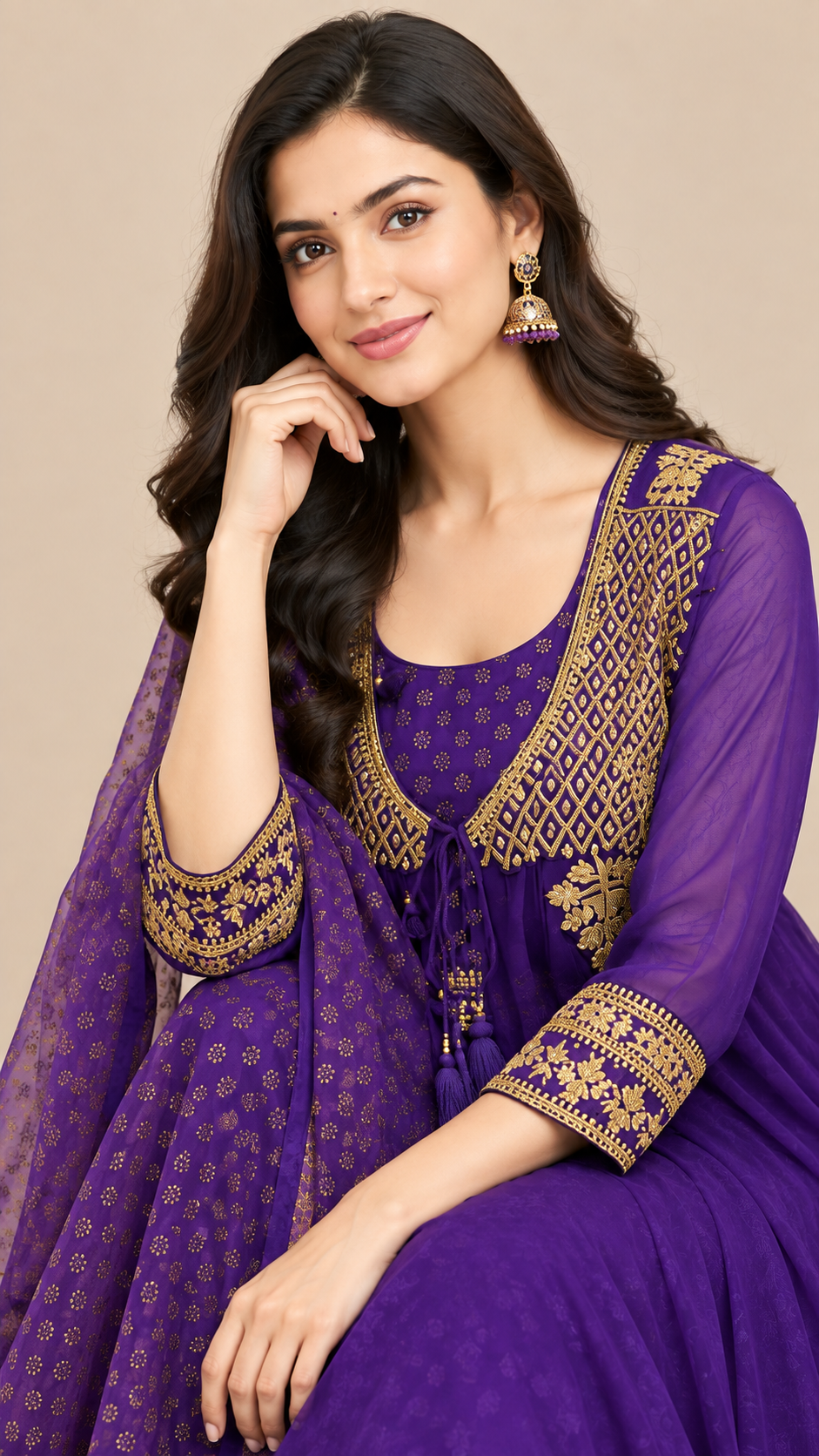 Royal Purple Georgette Embroidered Ethnic Dress Set with Dupatta