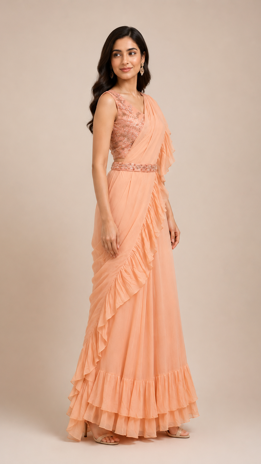 Pastel Peach Ready-to-Wear Saree Gown with Embroidered Belt