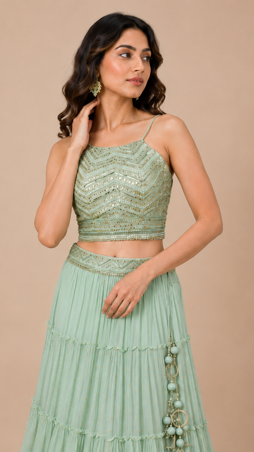 Mint Green Layered Lehenga with Chevron Sequin Blouse