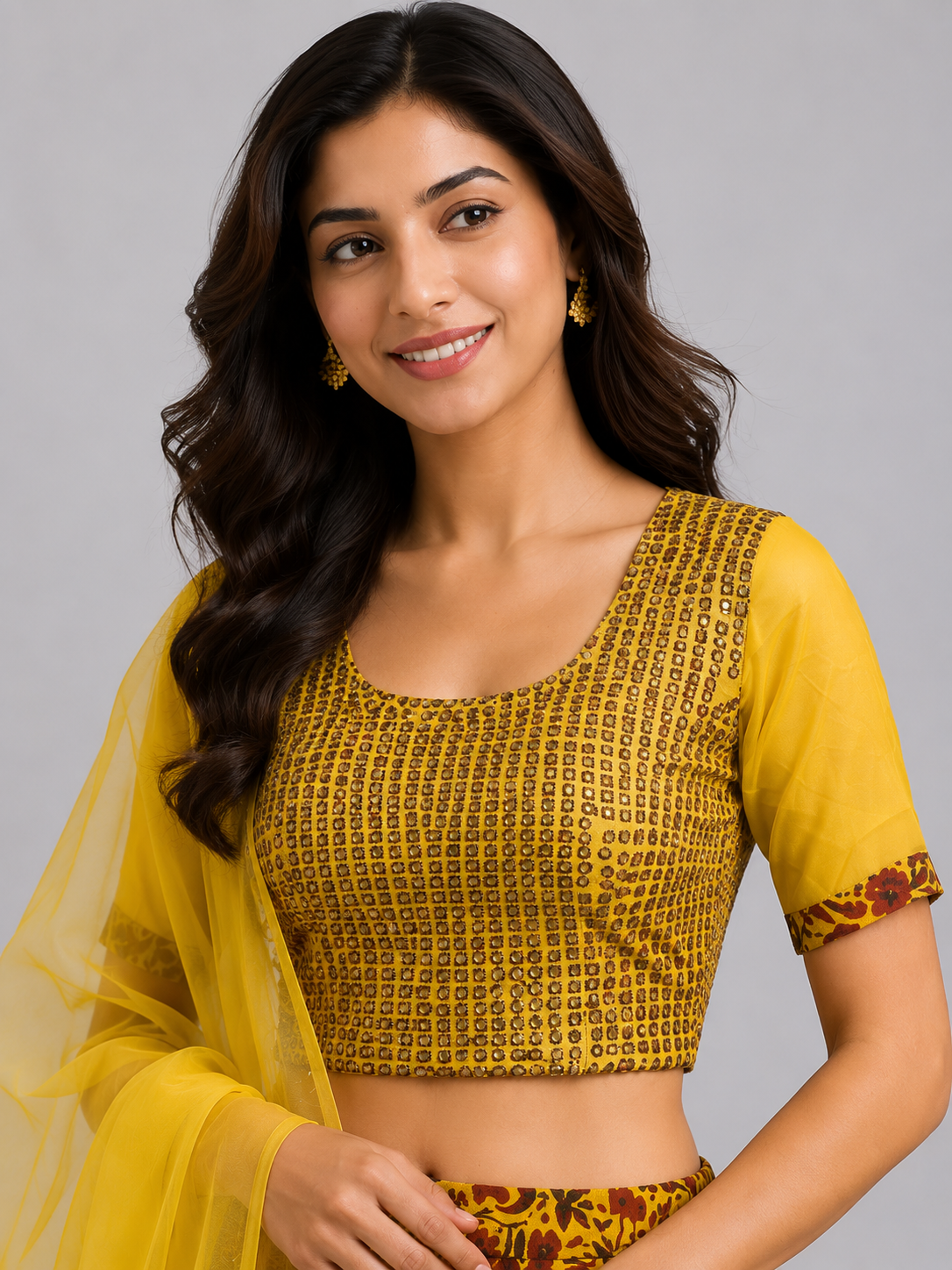Vibrant Mustard Yellow Silk Printed Lehenga Set