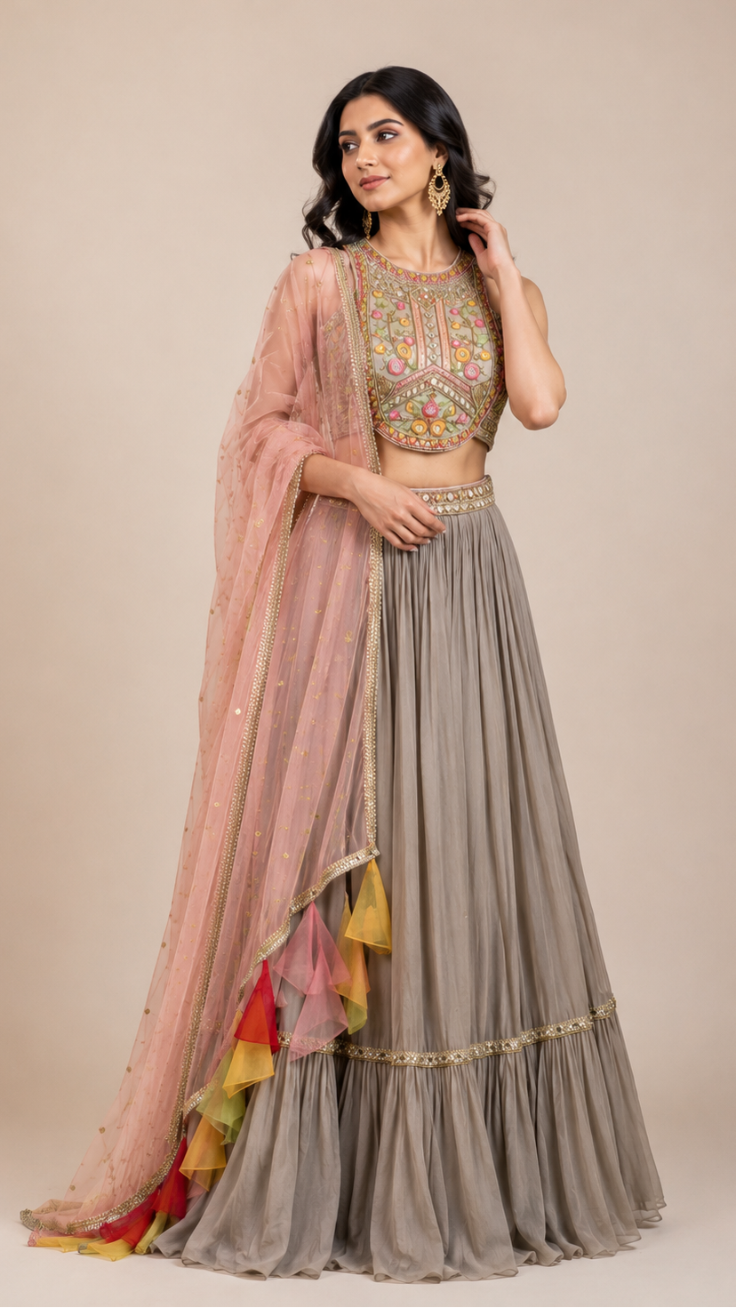 Lilac Gathered Tiered Lehenga with Multi-Color Embroidered Blouse