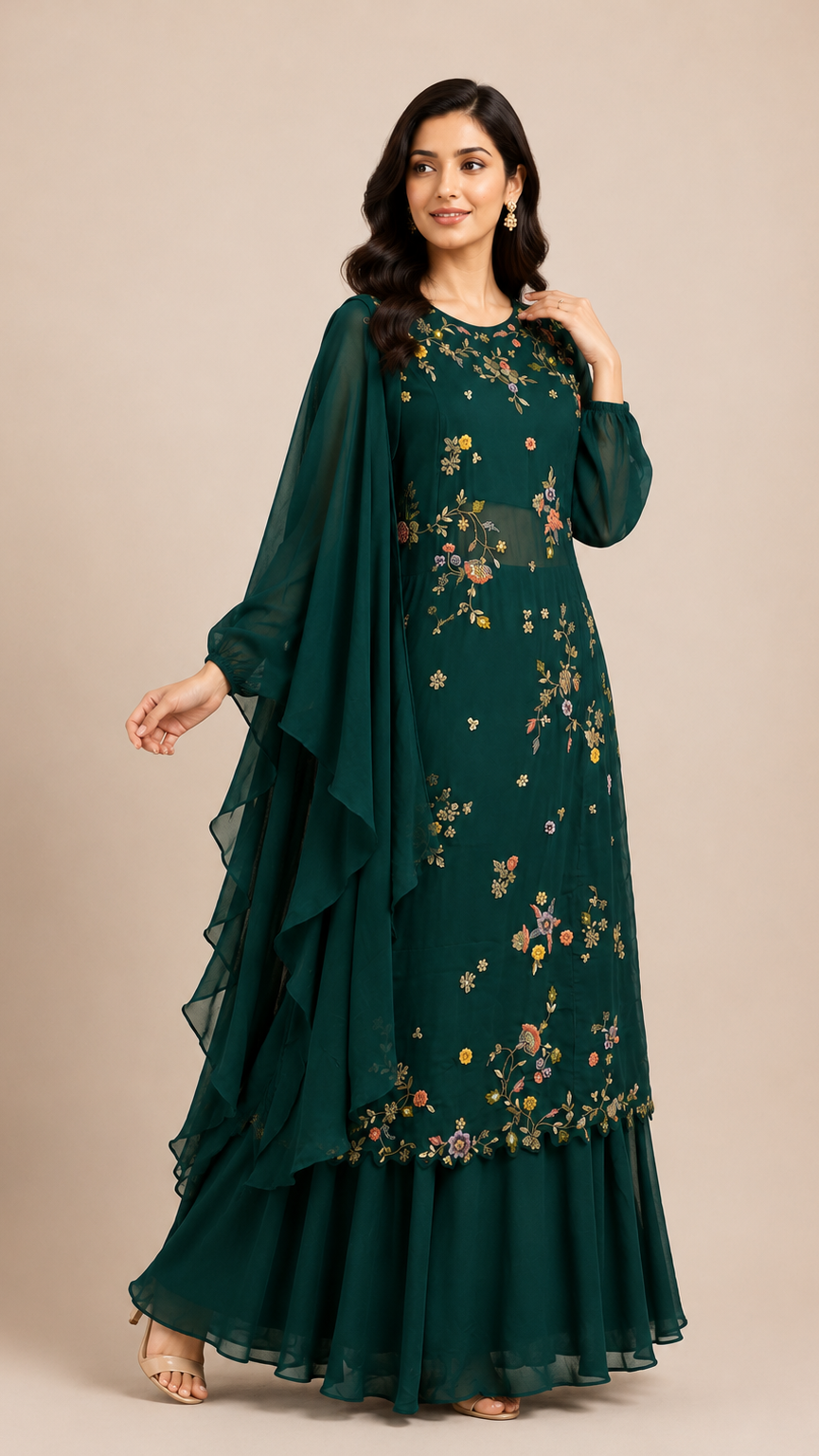 Deep Green Floral Embroidered Kurta with Ruffled Dupatta