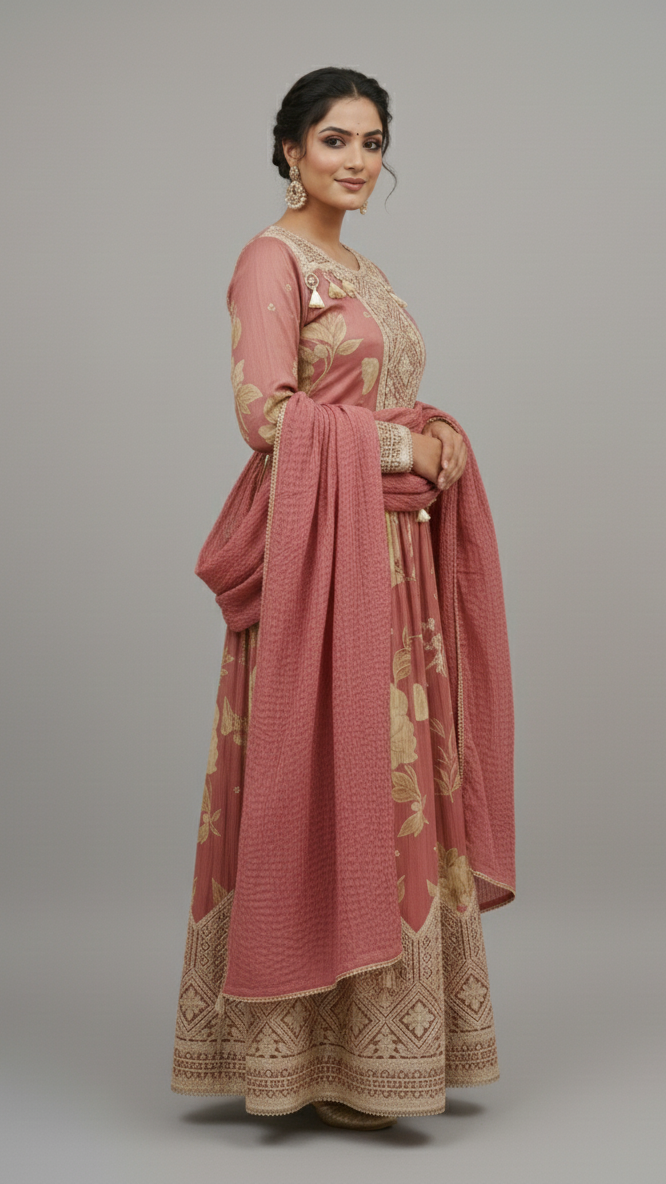Tissue Anarkali Suit Set Onion-Pink In Colour