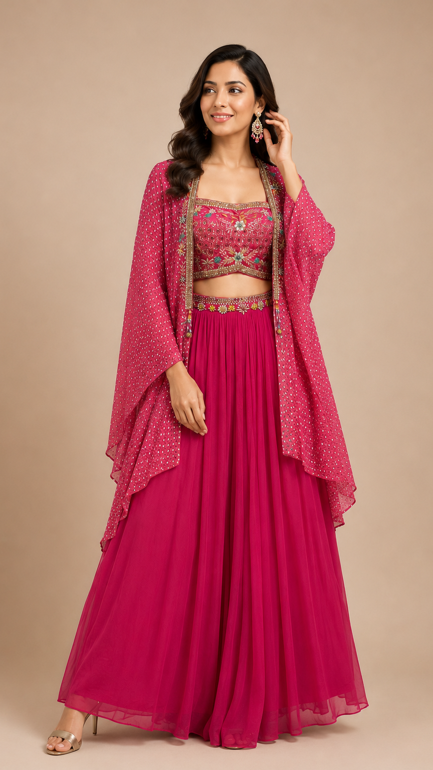 Rani Pink Floral Embroidered 3-Piece Cape Set
