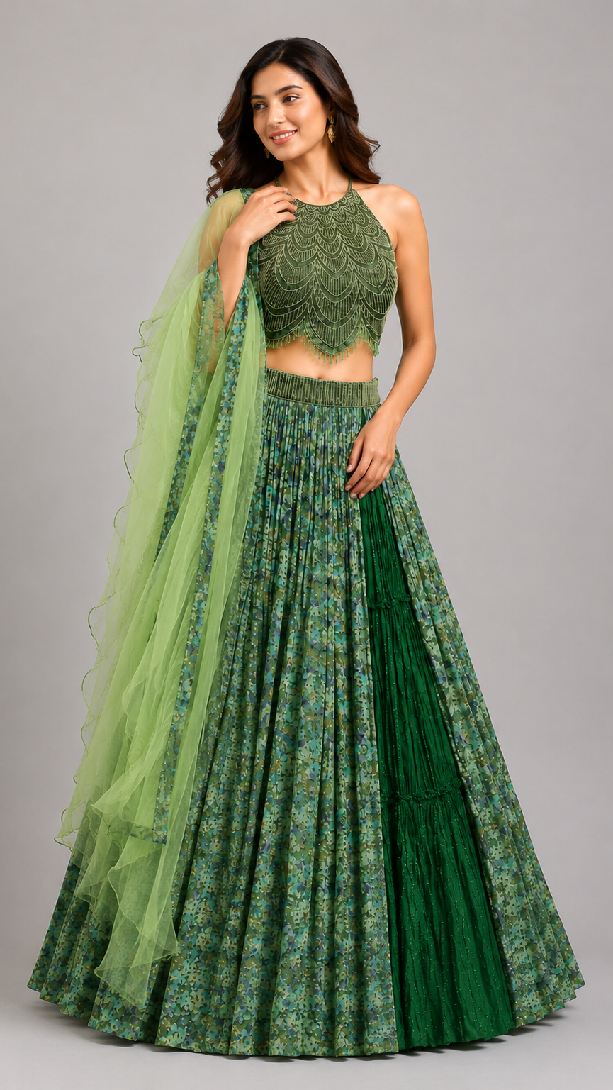 Olive & Emerald Green Pleated Lehenga with Scalloped Halter Blouse