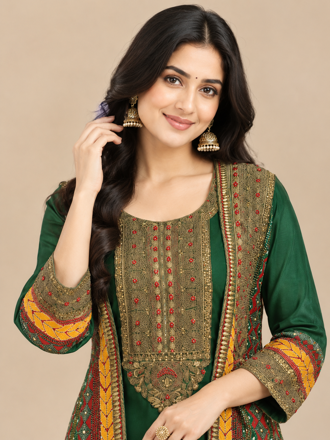 Emerald Green Georgette Embroidered Jacket-Style Kurta Set