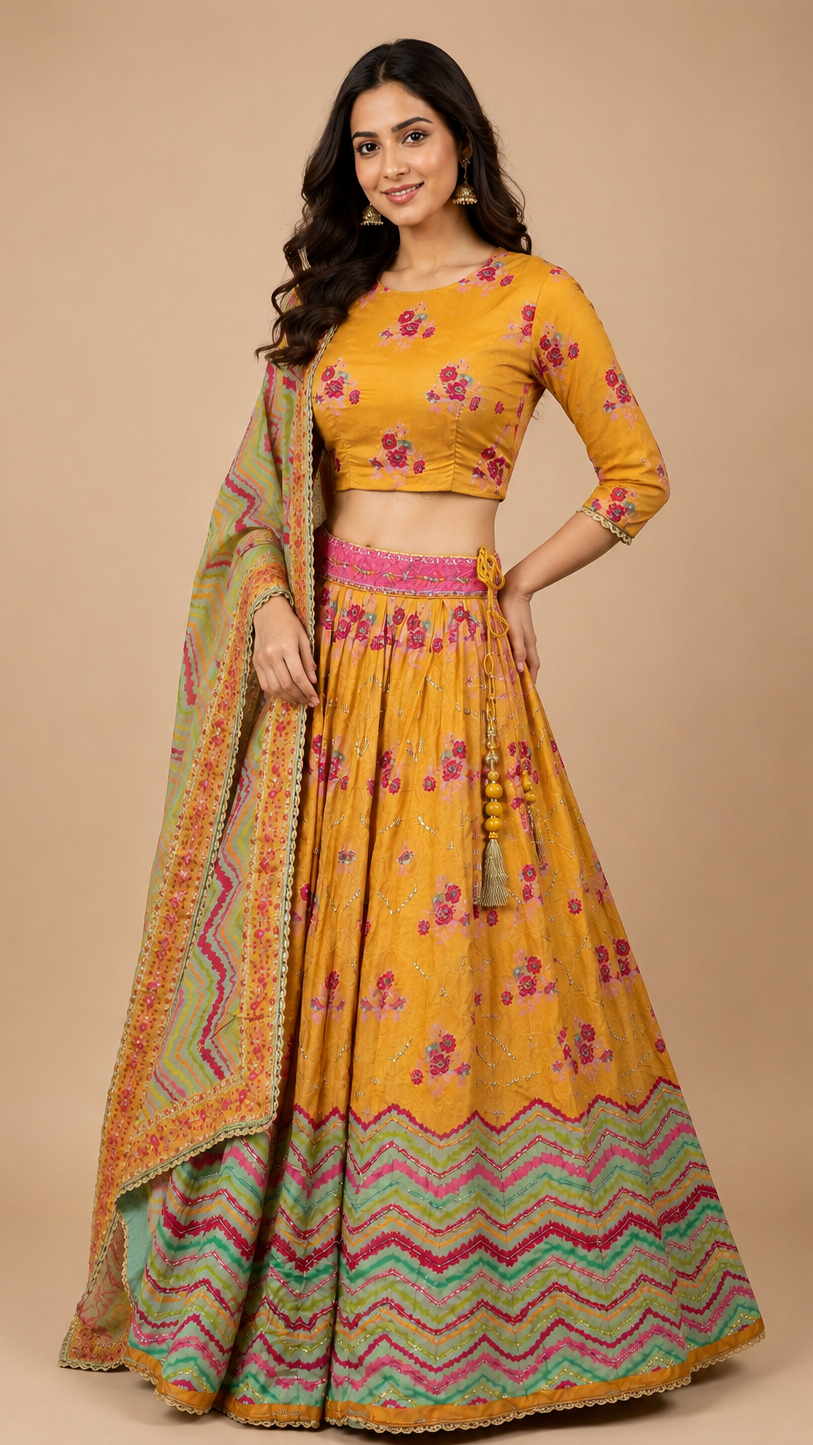 Mustard Yellow Printed Silk-Blend Lehenga