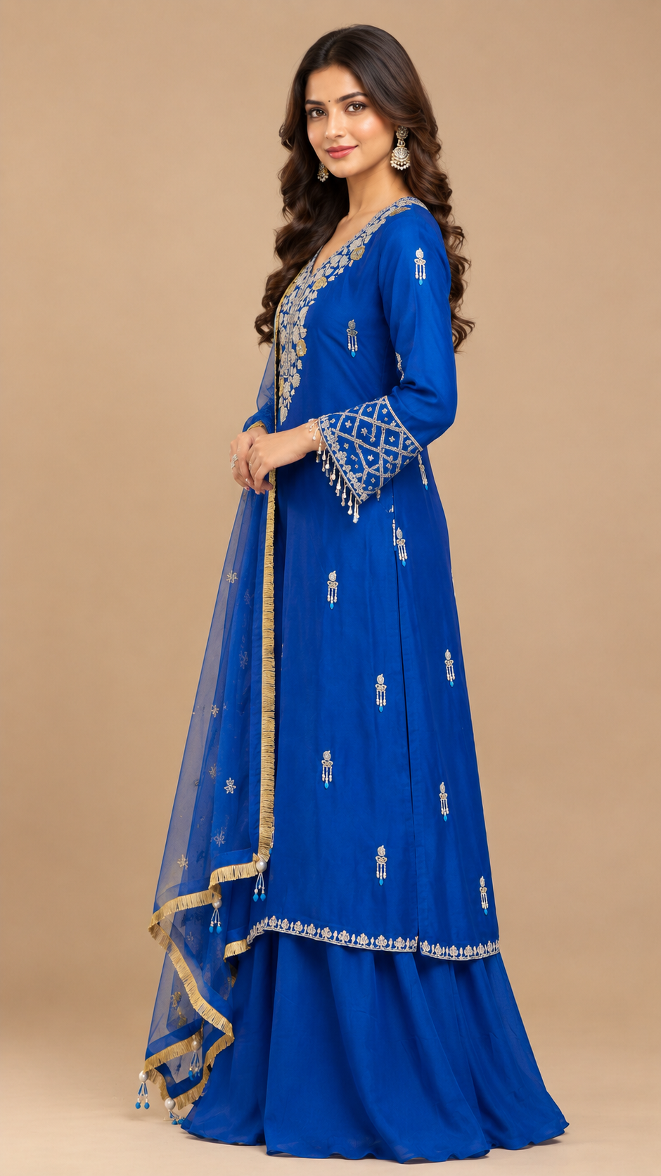 Royal Blue Silk Embroidered Sharara Set with Dupatta