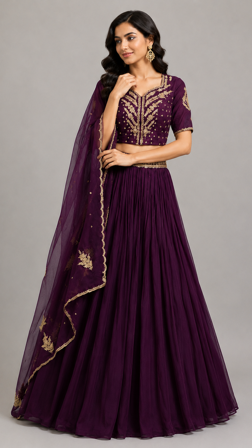 The Regal Aubergine Gathered Lehenga Set