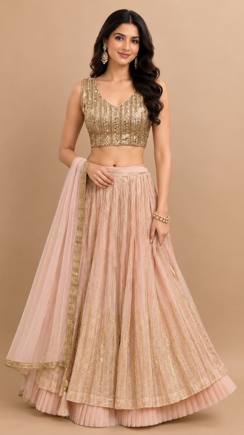 The Champagne Glitz: Blush Pink & Gold Layered Lehenga Set