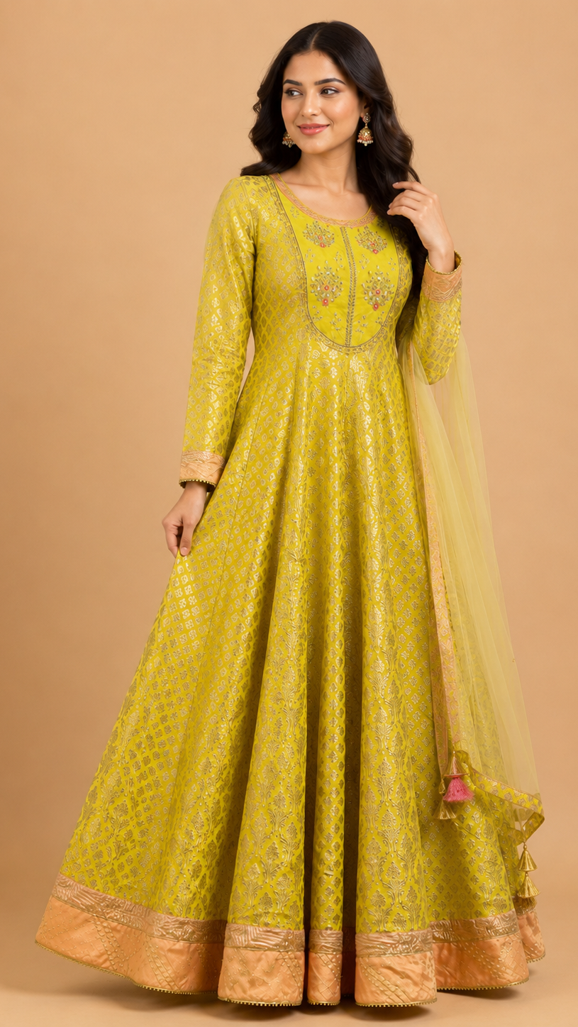 Lime Green Woven Silk Anarkali with Peach Contrast