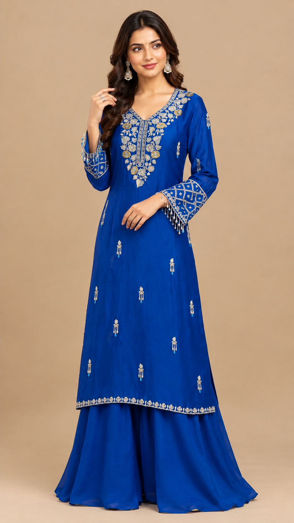 Royal Blue Silk Embroidered Sharara Set with Dupatta