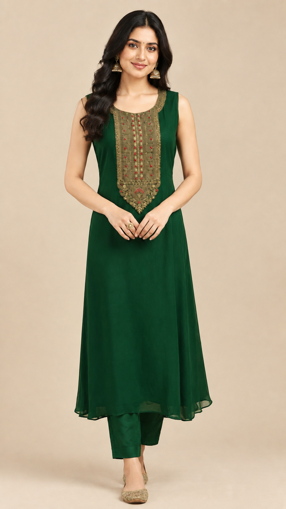 Emerald Green Georgette Embroidered Jacket-Style Kurta Set