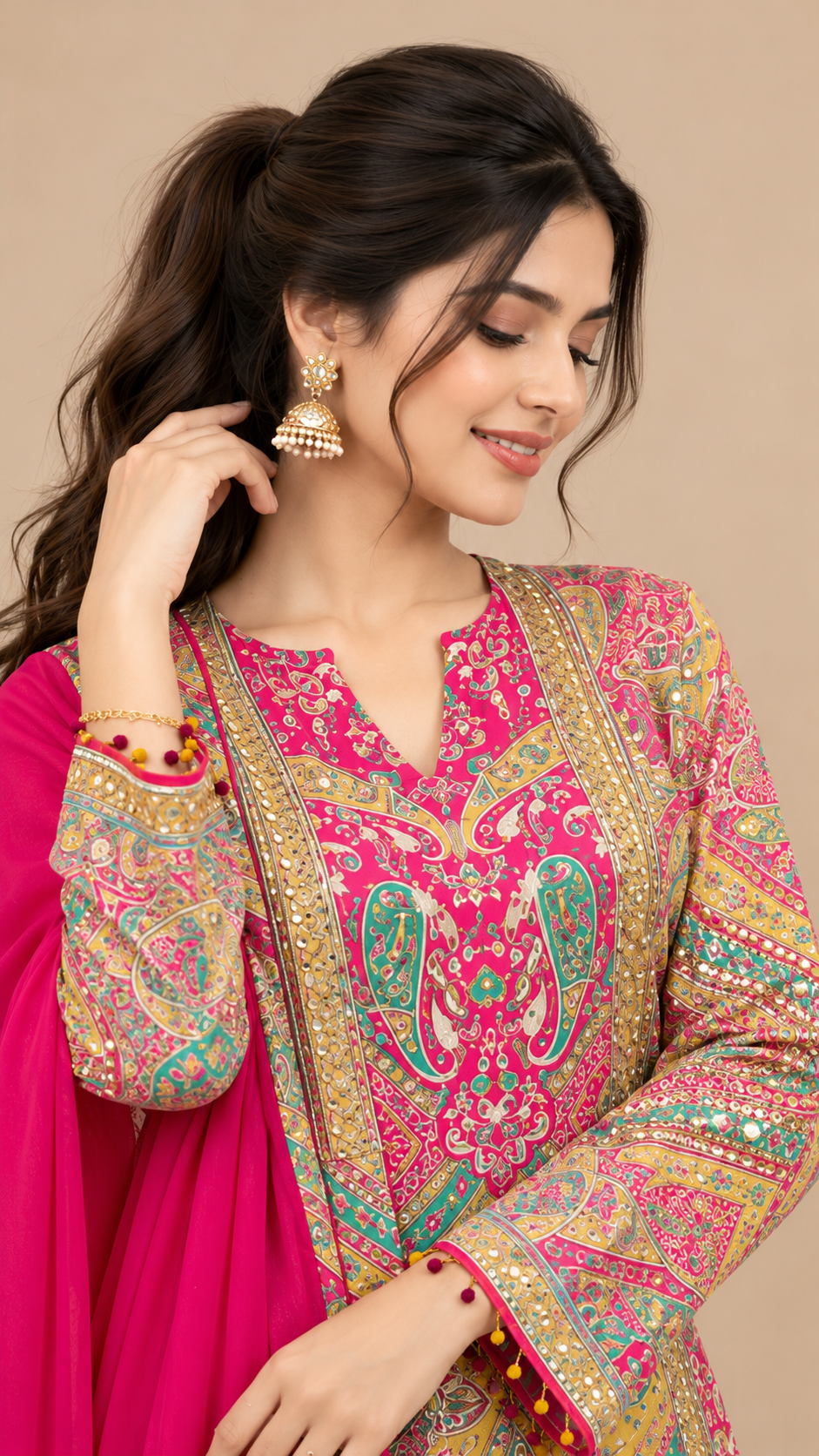 Fuchsia Pink Multicolour Printed Satin Sharara Set with Dupatta